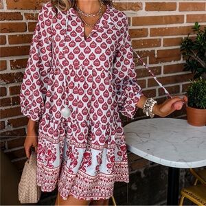 “Sunday Up” Pink pale blue boho relaxed style dress . Size Large-casual style